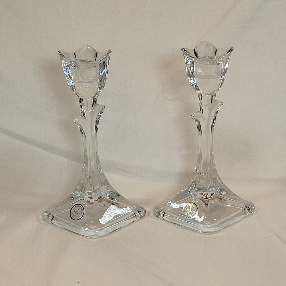 Crystal Clear Lead Crystal Candle Holder Set 9" Clear Tulip Flower Stem USA Made